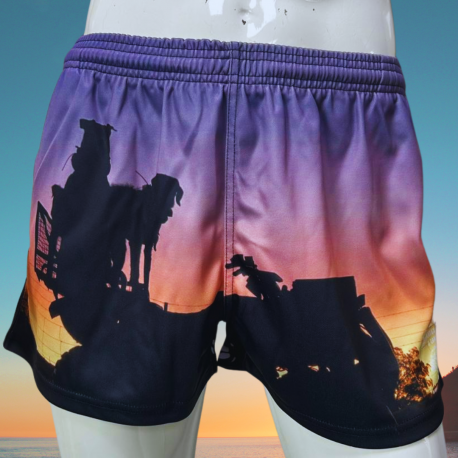 Footy Shorts with zip up pockets (Quad bike Sunset)